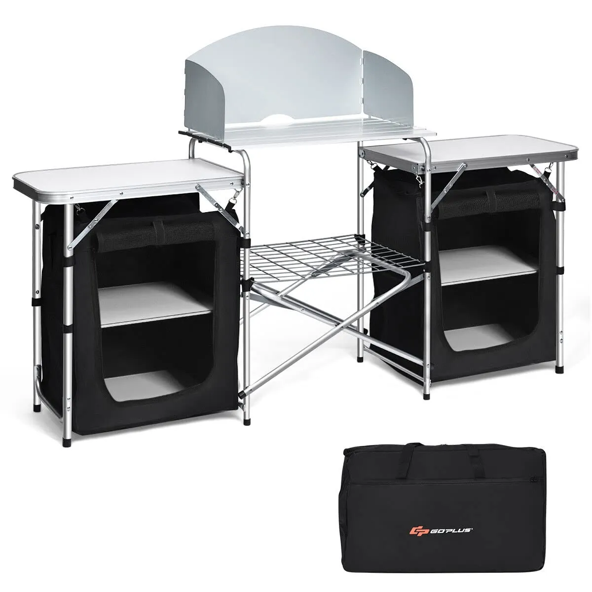 Portable Camping Kitchen Table, Aluminum Fold-Up Camping Kitchen with Windscreen