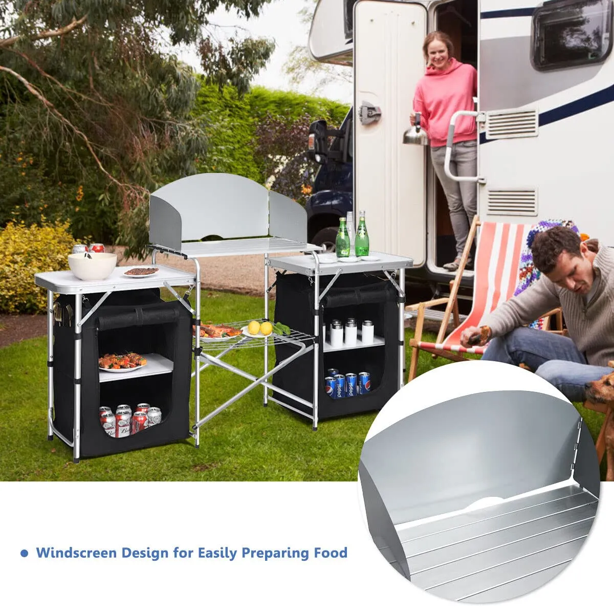 Portable Camping Kitchen Table, Aluminum Fold-Up Camping Kitchen with Windscreen