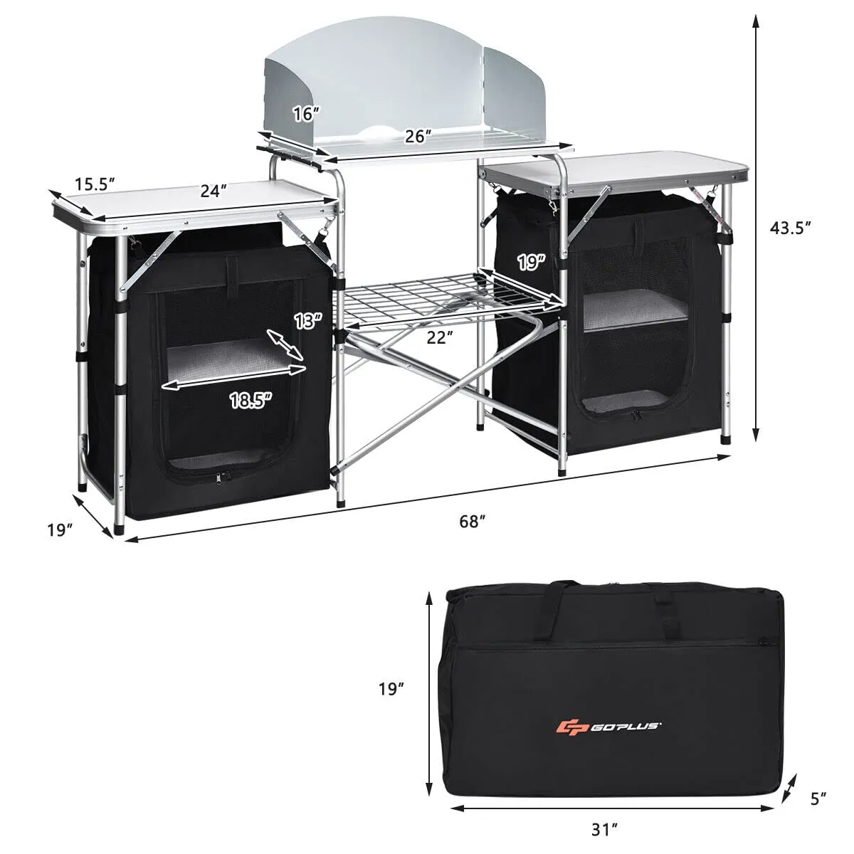 Portable Camping Kitchen Table, Aluminum Fold-Up Camping Kitchen with Windscreen