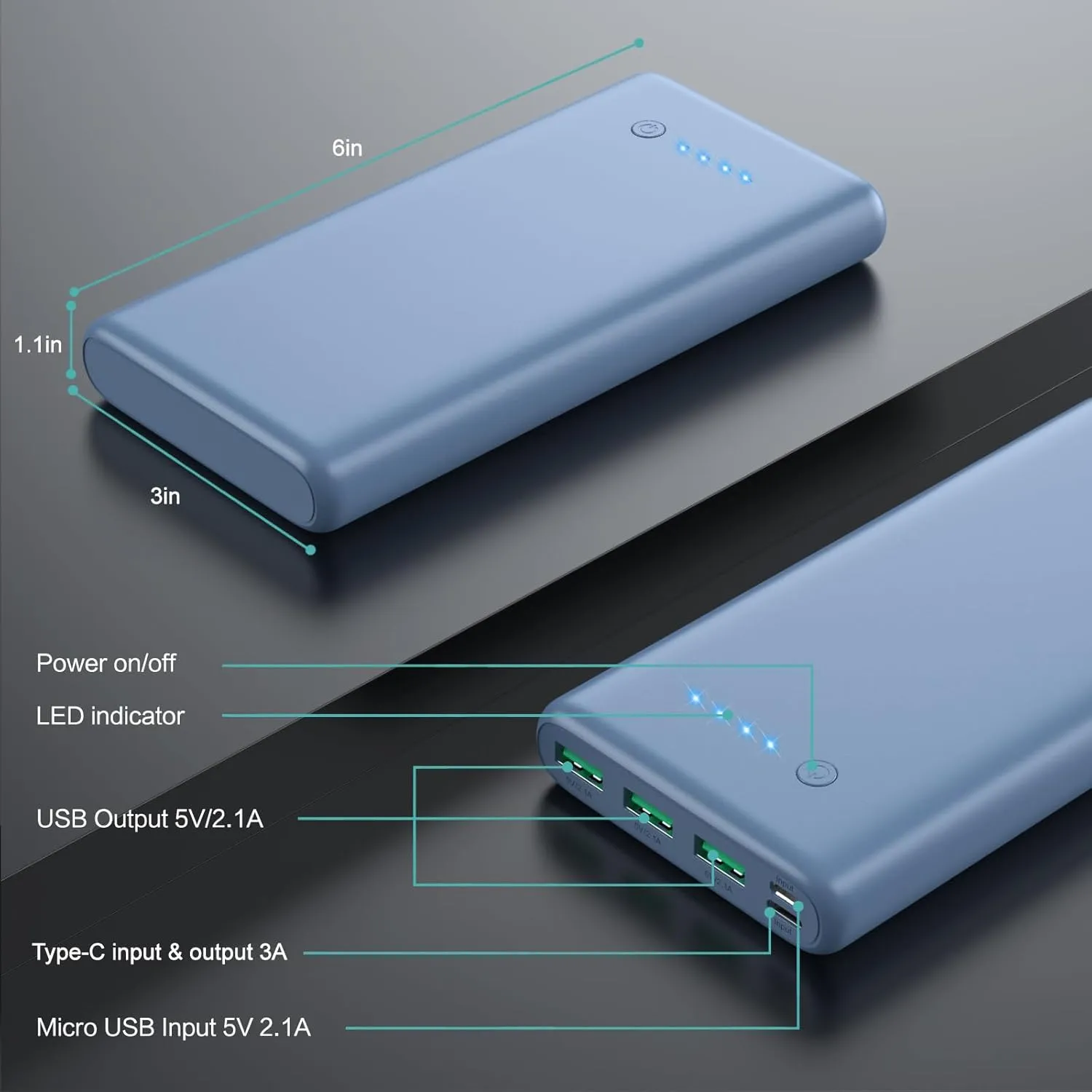 Portable Charger 36800mAh,4 Outputs Power Bank, Dual Input 5V/3A External Battery Pack,USB-C in&out High-Speed Charging Backup Charger Compatible with iPhone 16/15/14/13,Samsung Android Phone etc-Blue