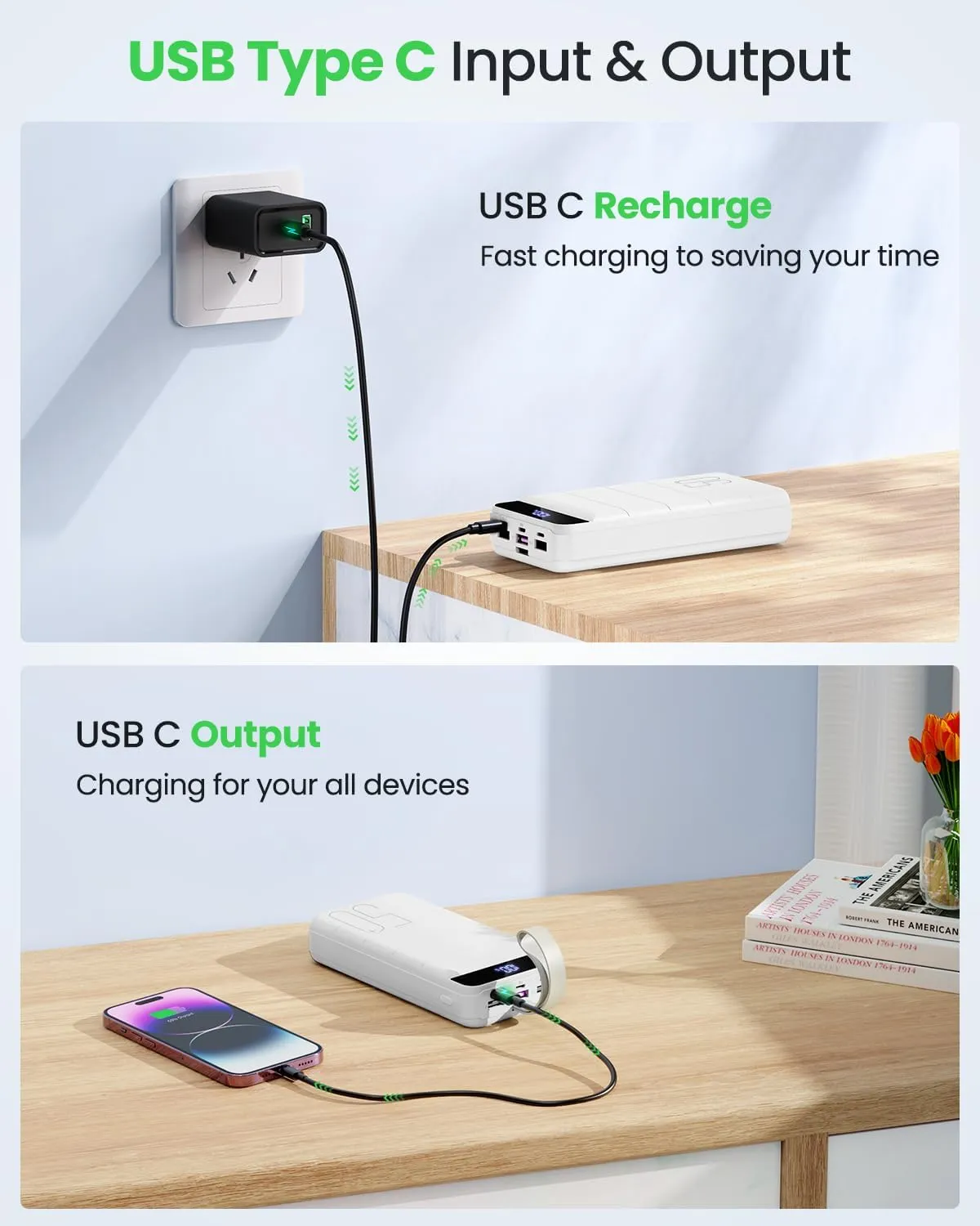 Portable Charger Power Bank 50000mAh 22.5W Fast Charging External Battery Pack with 4 Outputs & 3 Inputs LED Display Battery Bank Portable Cell Phone Charger for iPhone, Samsung, iPad etc