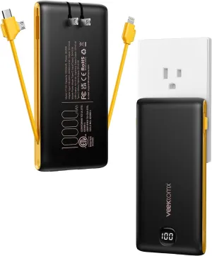 Portable Charger Power Bank Built in Cables and Wall Plug, 10000mAh iPhone Battery Pack Fast Charging, USB C External Slim Power Bank, Travel Essentials Compatible with iPhone 16 15 14 13 Samsung iPad