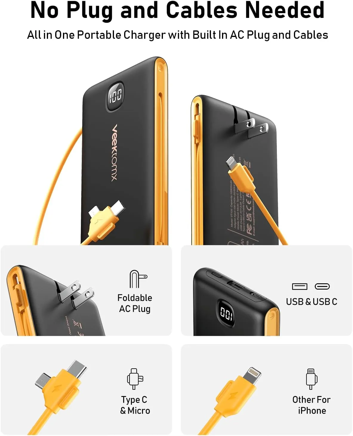 Portable Charger Power Bank Built in Cables and Wall Plug, 10000mAh iPhone Battery Pack Fast Charging, USB C External Slim Power Bank, Travel Essentials Compatible with iPhone 16 15 14 13 Samsung iPad