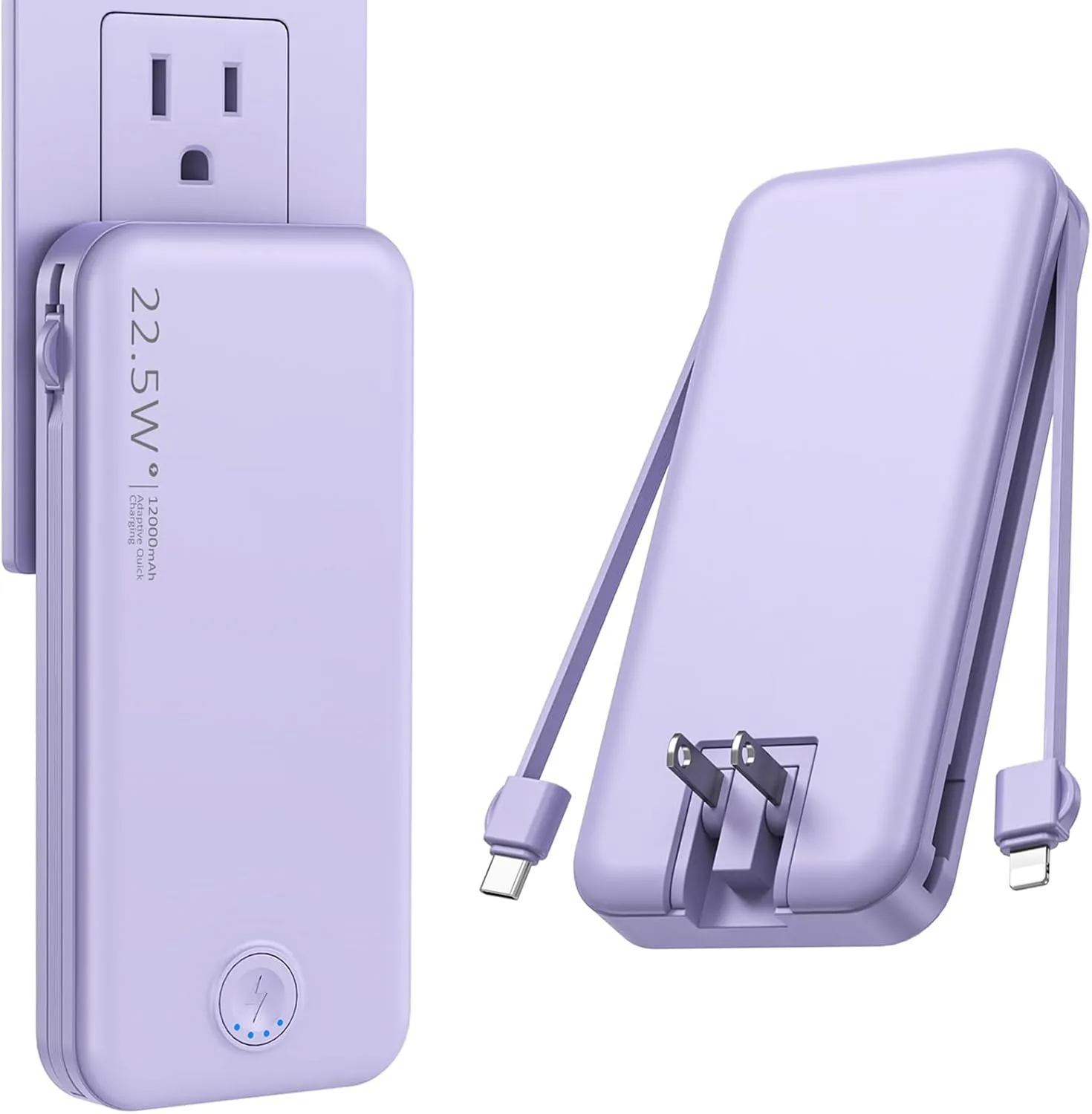 Portable Charger with Built in Cable and AC Wall Plug, USB C Power Bank 12000mAh 22.5W Super Fast Charging, Lightweight Portable Phone Charger Travel Battery Pack for iPhone, Samsung, Tablets