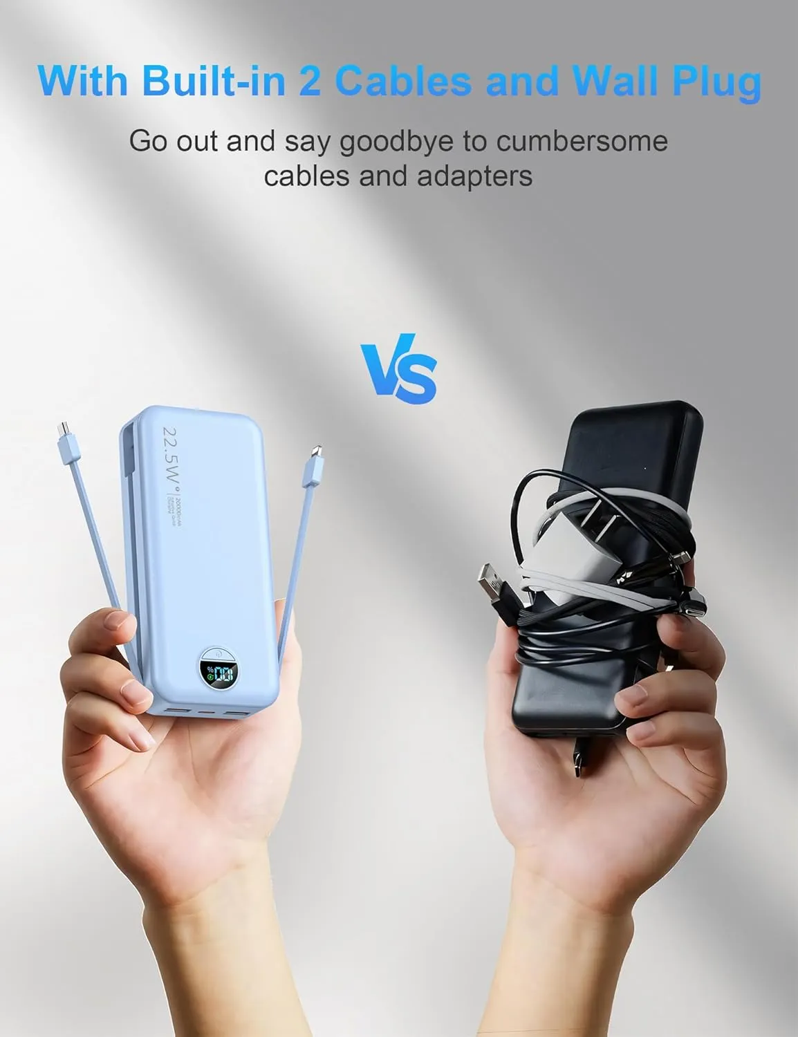 Portable Charger with Wall Plug, 20000mAh USB C Power Bank Fast Charging, External Battery Pack with Built in Cables, Digital Display, 5 Output 2 Input for iPhone Android Cell Phone Tablet