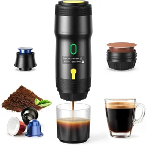 Portable Electric Espresso Machine, Car Self-Heating Coffee Maker with USB-DC, Travel Coffee Machine for Camping, Compatible With NS Capsules & Ground Coffee, Portable Coffee Maker for Hiking, RV,Home