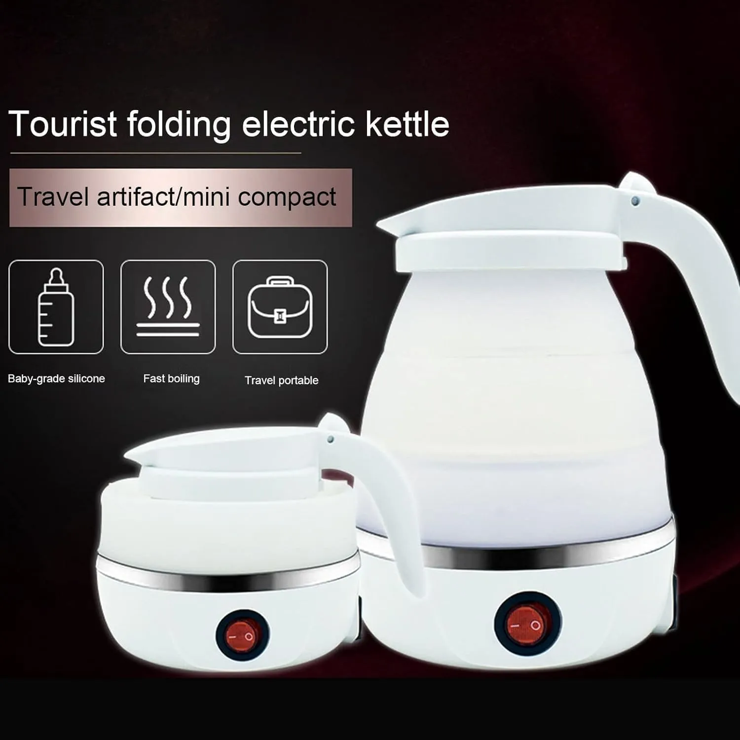 Portable Foldable Electric Kettle, Foldable kettle for Travel Food Grade Silicone Water Boiler 0.6L Collapsible Rustproof Durable Easy to Carry & Heat Resistant (Random Color) Blue, Pink, White