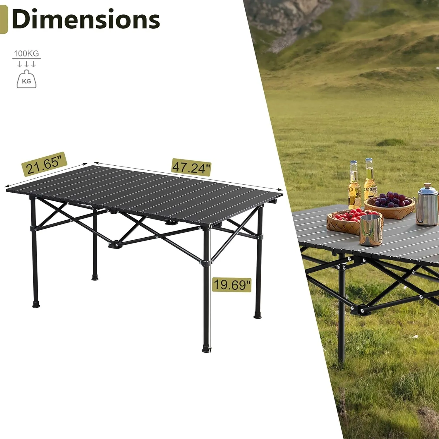 Portable Folding Camping Table, 47.2"L x 20"W x 20"H Lightweight Carbon Steel Tabletop, Supports 220 LBS, Easy to Assemble and Carry, Perfect for Camping, Picnics, and Outdoor Activities, Black