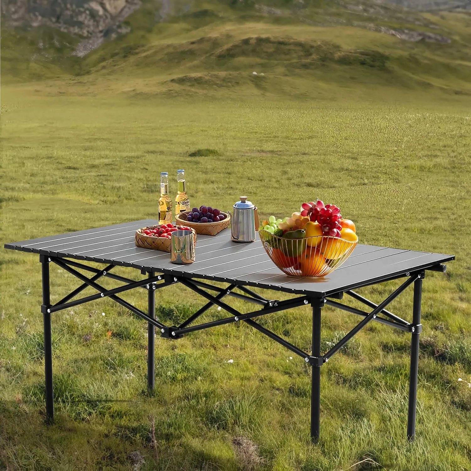 Portable Folding Camping Table, 47.2"L x 20"W x 20"H Lightweight Carbon Steel Tabletop, Supports 220 LBS, Easy to Assemble and Carry, Perfect for Camping, Picnics, and Outdoor Activities, Black