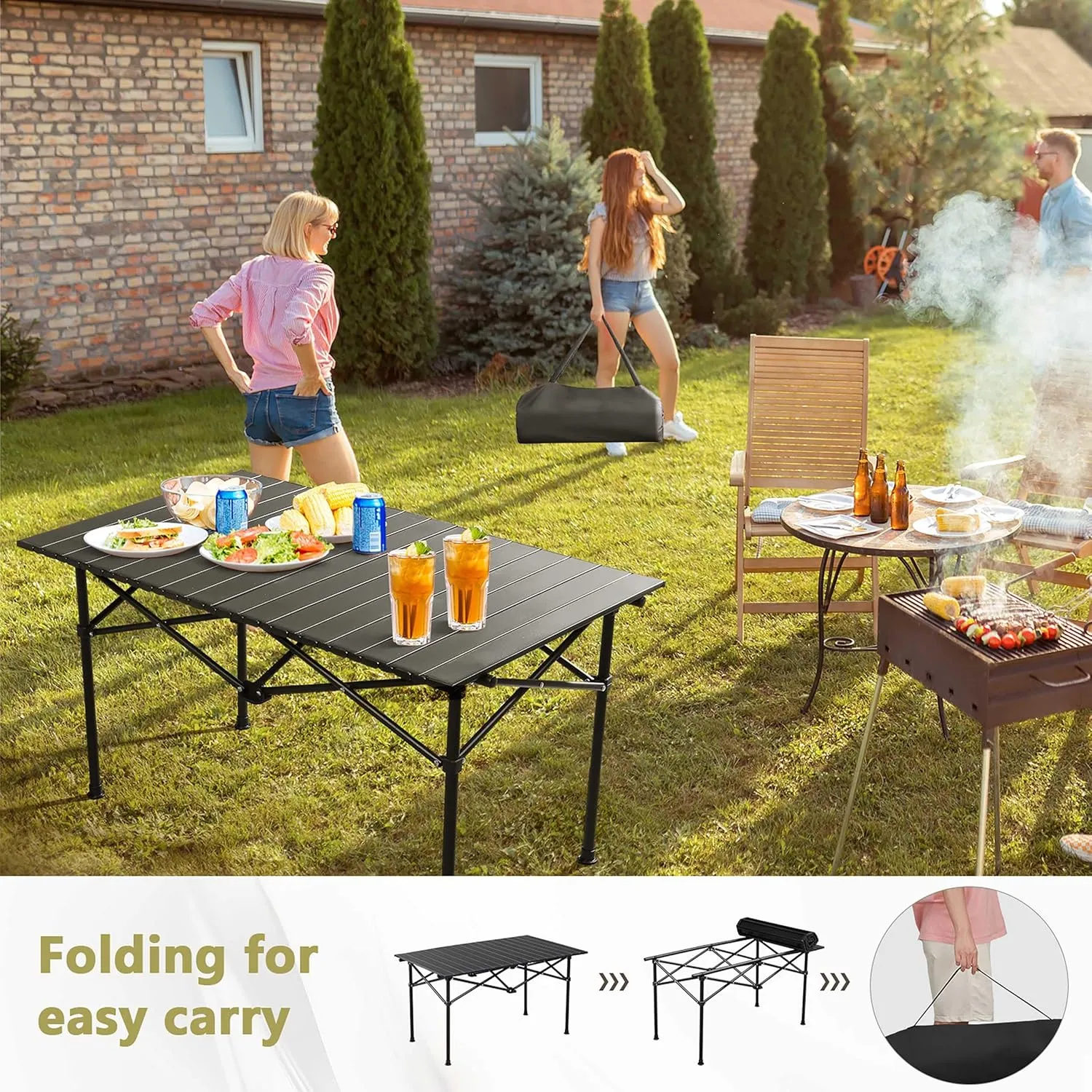 Portable Folding Camping Table, 47.2"L x 20"W x 20"H Lightweight Carbon Steel Tabletop, Supports 220 LBS, Easy to Assemble and Carry, Perfect for Camping, Picnics, and Outdoor Activities, Black