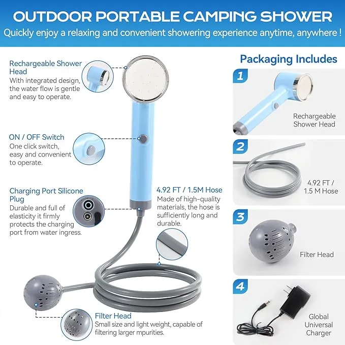 Portable Outdoor Shower, Compact Handheld Rechargeable Camping Showerhead, Camping Shower Head Nozzle for Camping, Hiking, Traveling, Washing