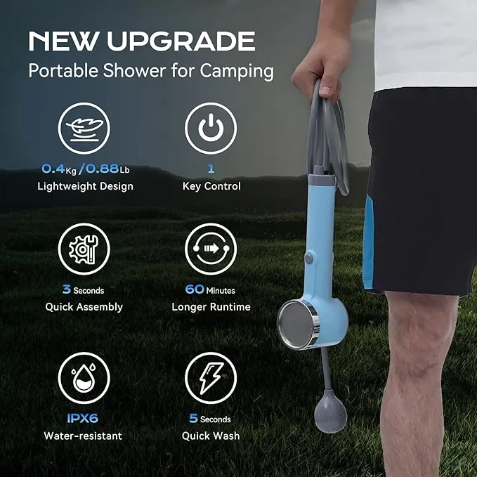 Portable Outdoor Shower, Compact Handheld Rechargeable Camping Showerhead, Camping Shower Head Nozzle for Camping, Hiking, Traveling, Washing