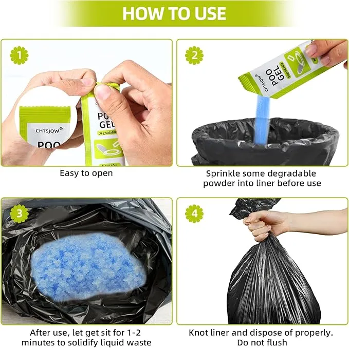 Portable Toilet Absorbent Gel Powder, 100 Pack Poo Gel for Camping Eco Absorbent Gel, Poo Urine Powder for Camping Outdoor Hiking Fast-Acting Gel