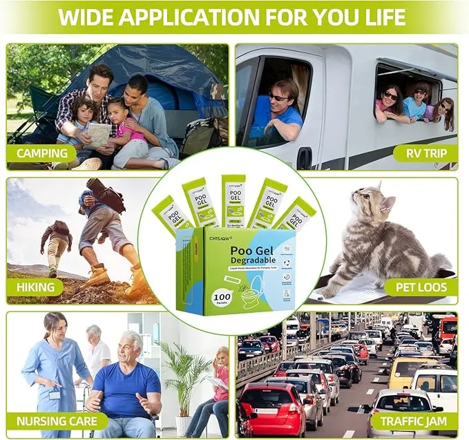 Portable Toilet Absorbent Gel Powder, 100 Pack Poo Gel for Camping Eco Absorbent Gel, Poo Urine Powder for Camping Outdoor Hiking Fast-Acting Gel