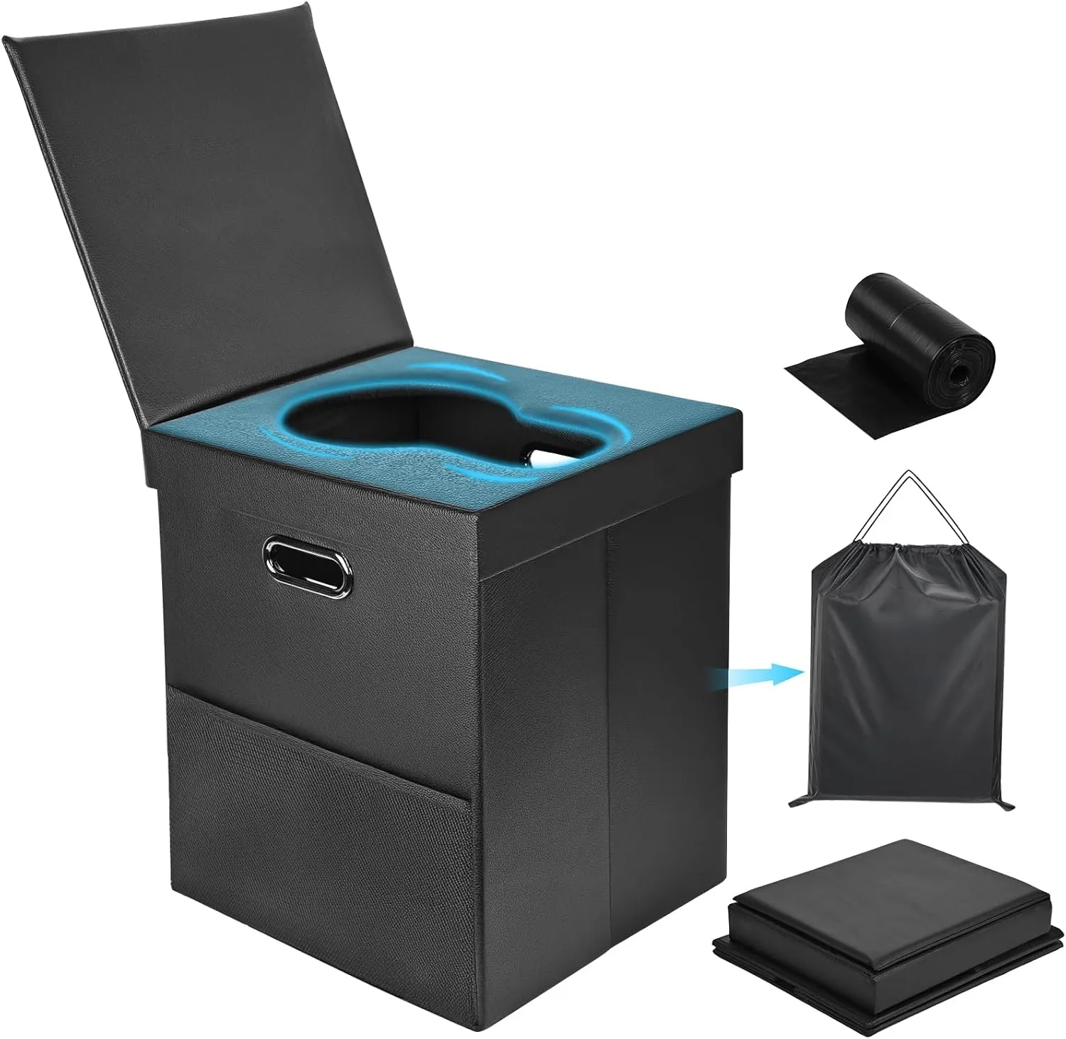 Portable Toilet for Adults,Upgraded Soft Leather Folding Camping Toilet with Lid and Mesh Side Pocket, Travel Portable Potty for Car, Hiking, Beach, Roadtrip, Tent, RV, Indoor and Outdoor Use