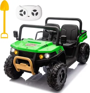 POSTACK 24V 2 Seater Kids Ride On UTV, 4 Wheeler Ride On Electric Dump Truck, 4WD Battery Powered Electric Car for 3  Boys Girls with Remote Control, EVA Rubber Wheels, Bluetooth, Green