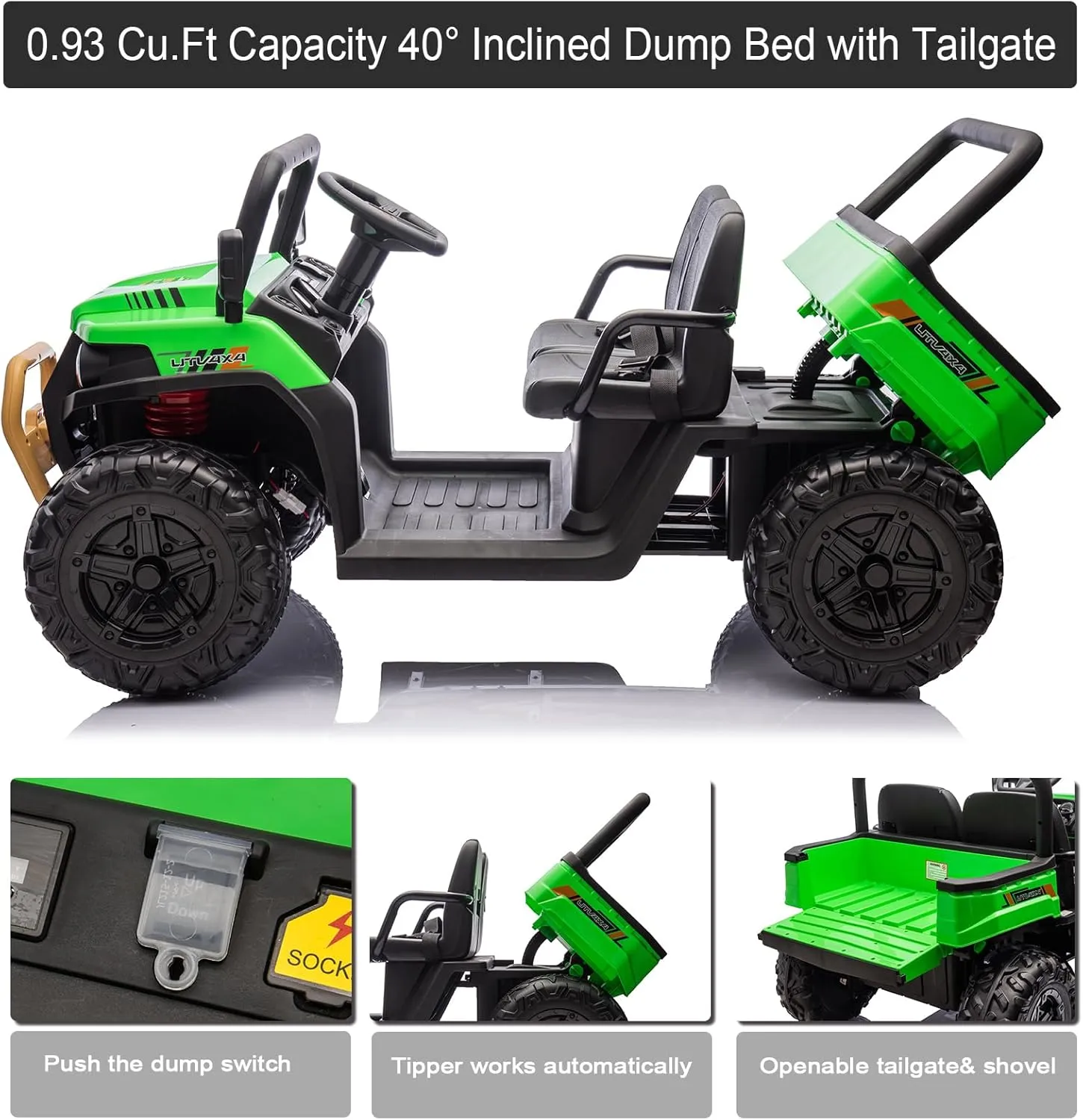POSTACK 24V 2 Seater Kids Ride On UTV, 4 Wheeler Ride On Electric Dump Truck, 4WD Battery Powered Electric Car for 3  Boys Girls with Remote Control, EVA Rubber Wheels, Bluetooth, Green