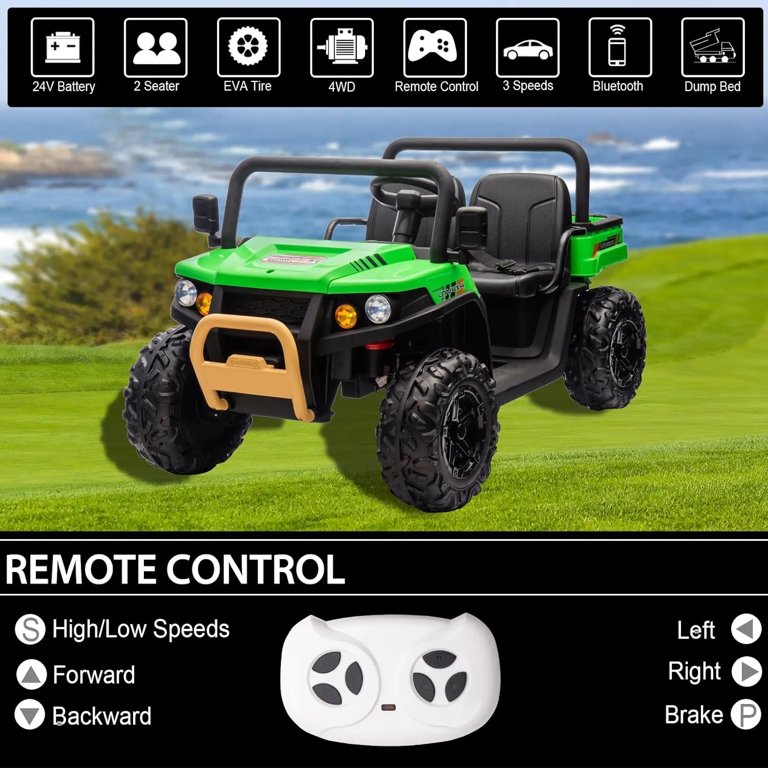 POSTACK 24V 2 Seater Kids Ride On UTV, 4 Wheeler Ride On Electric Dump Truck, 4WD Battery Powered Electric Car for 3  Boys Girls with Remote Control, EVA Rubber Wheels, Bluetooth, Green