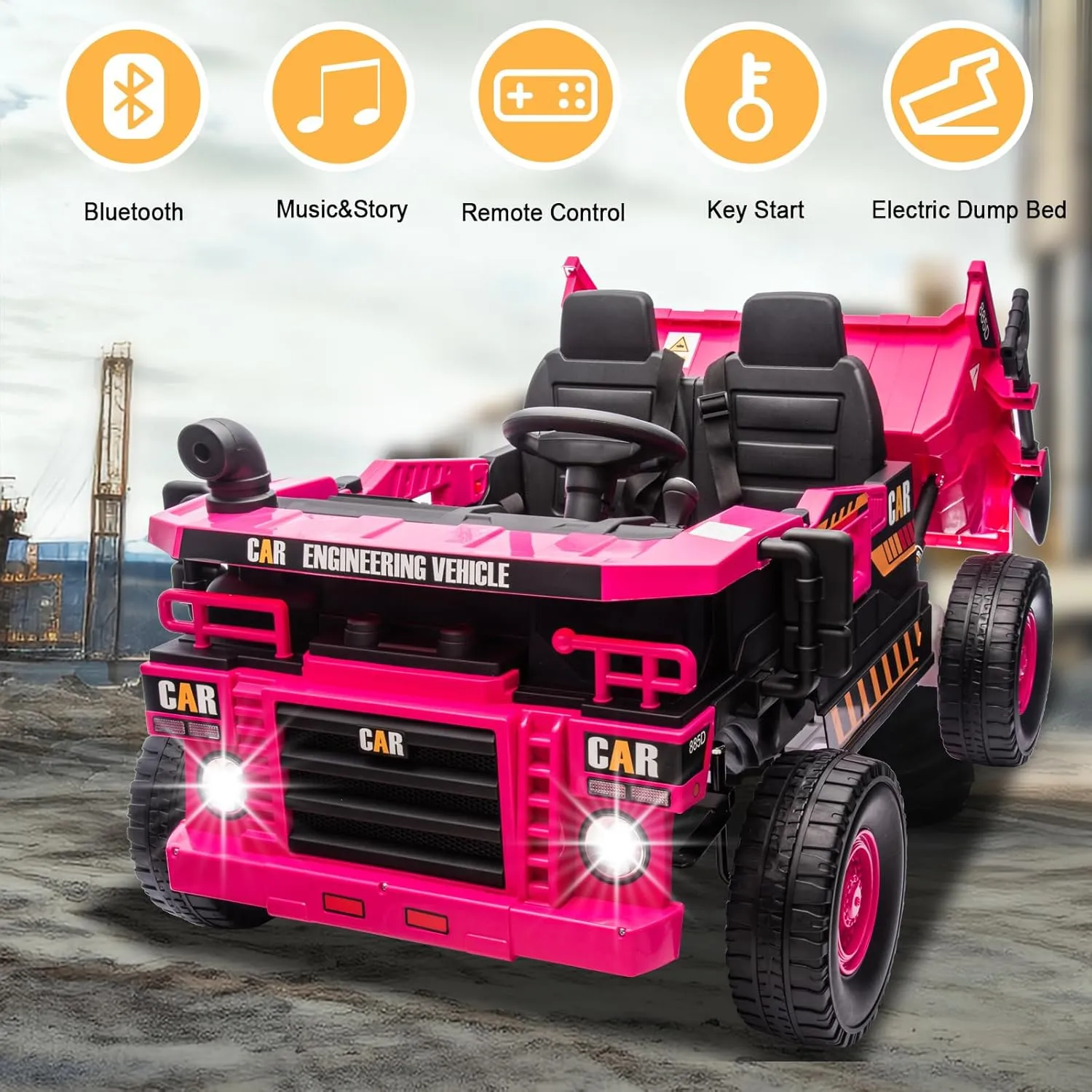 POSTACK 24V 8Ah Ride on Tor for Toddlers, 4WD Power 4 Wheels Electric Ride on Dump Truck, 2 Seater Kids Ride on Car w/Parent Remote Control, Music Bluetooth Shovel, Up to 5MPH, Pink
