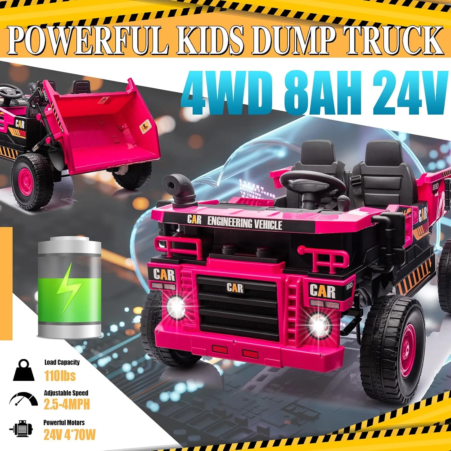 POSTACK 24V 8Ah Ride on Tor for Toddlers, 4WD Power 4 Wheels Electric Ride on Dump Truck, 2 Seater Kids Ride on Car w/Parent Remote Control, Music Bluetooth Shovel, Up to 5MPH, Pink