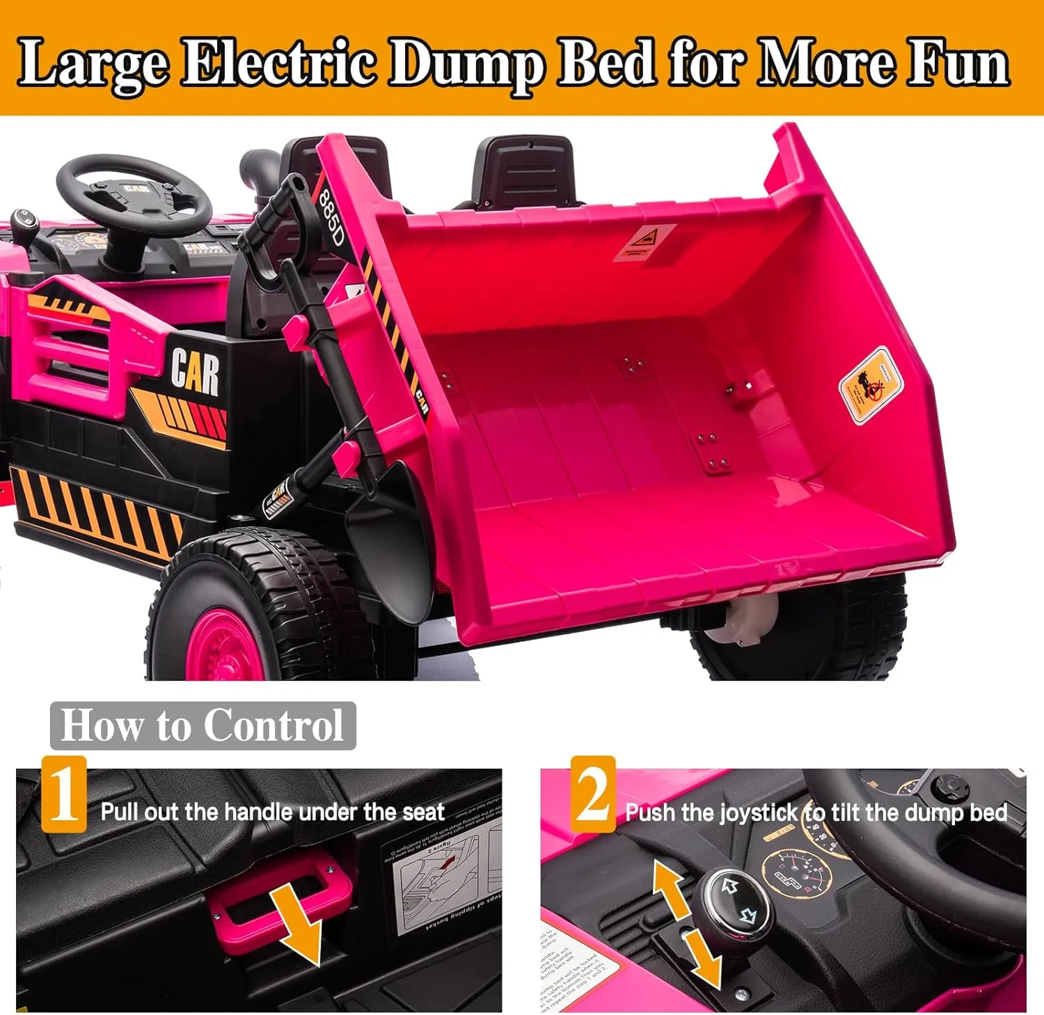 POSTACK 24V 8Ah Ride on Tor for Toddlers, 4WD Power 4 Wheels Electric Ride on Dump Truck, 2 Seater Kids Ride on Car w/Parent Remote Control, Music Bluetooth Shovel, Up to 5MPH, Pink