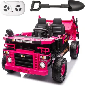 POSTACK 24V 8Ah Ride on Tor for Toddlers, 4WD Power 4 Wheels Electric Ride on Dump Truck, 2 Seater Kids Ride on Car w/Parent Remote Control, Music Bluetooth Shovel, Up to 5MPH, Pink