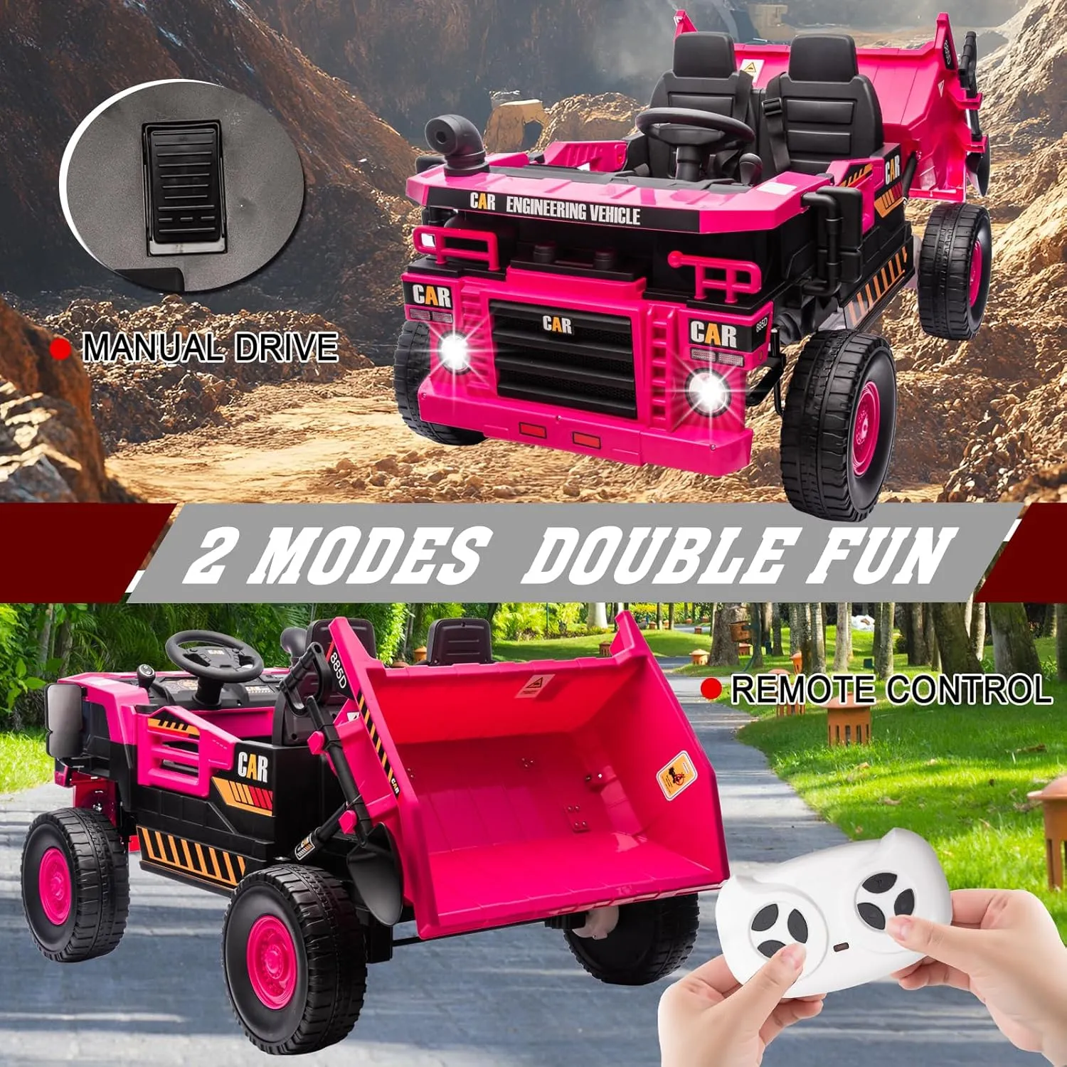 POSTACK 24V 8Ah Ride on Tor for Toddlers, 4WD Power 4 Wheels Electric Ride on Dump Truck, 2 Seater Kids Ride on Car w/Parent Remote Control, Music Bluetooth Shovel, Up to 5MPH, Pink