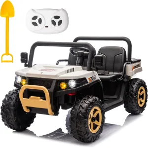 POSTACK 24V Ride on Toy, 4x4 Battery Powered Electric Vehicle with Parental Remote Control, 2 Seater Electric Dump Truck for Kids, 4WD Tractor UTV for Kids to Drive w/Bluetooth, Music, White