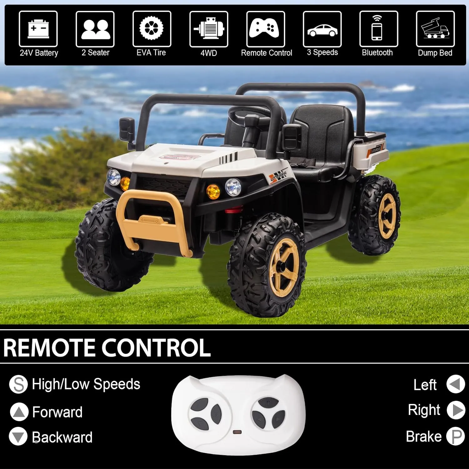 POSTACK 24V Ride on Toy, 4x4 Battery Powered Electric Vehicle with Parental Remote Control, 2 Seater Electric Dump Truck for Kids, 4WD Tractor UTV for Kids to Drive w/Bluetooth, Music, White