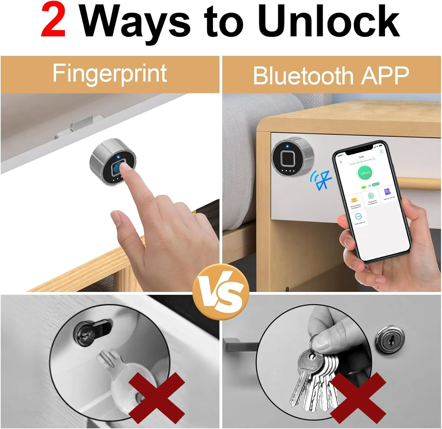 Pothunder Fingerprint Cabinet Lock, 1-1/4'' Auto Locking Bluetooth Biometric Keyless Child Safety Lock for File Drawer Furniture Double Door