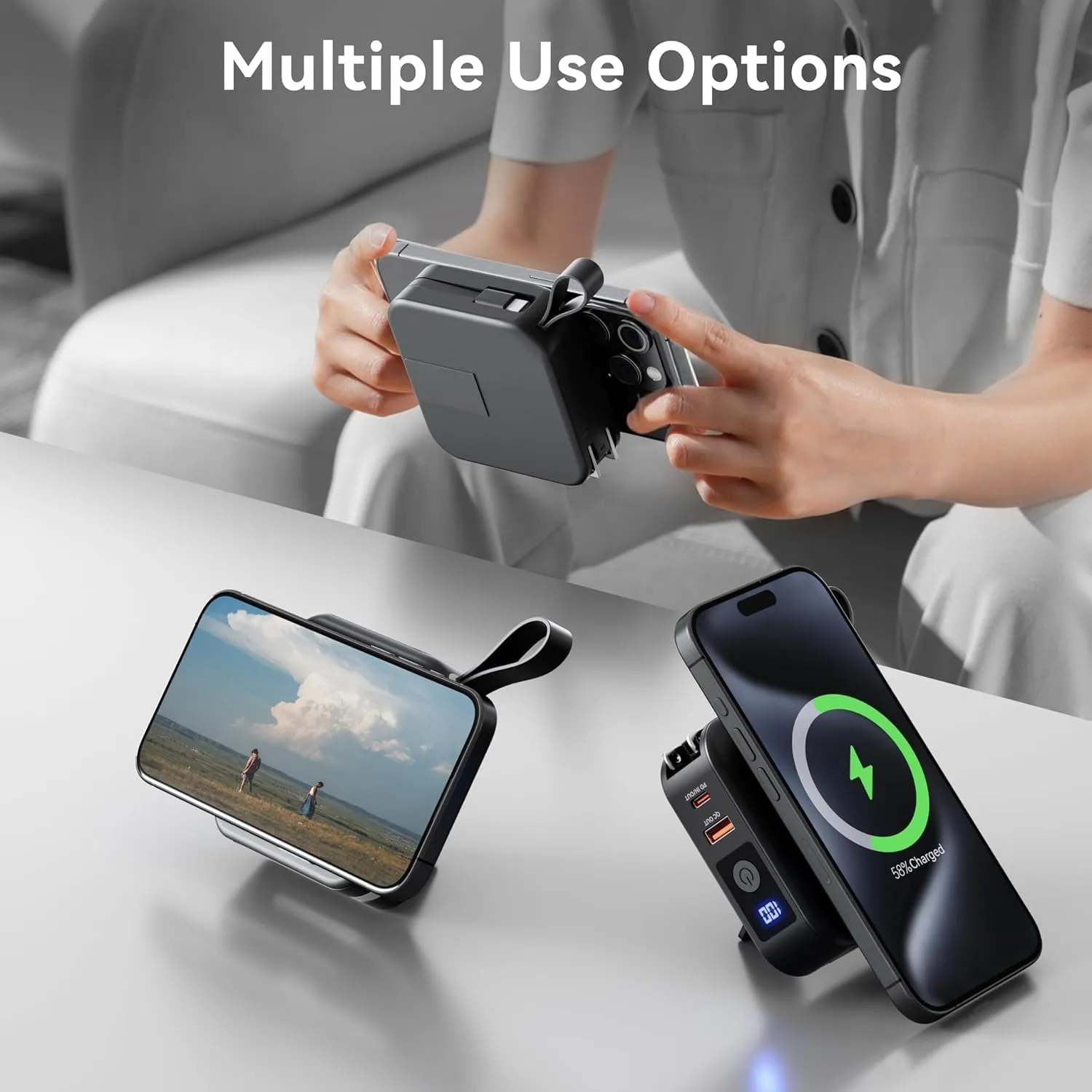 Powerpack Universal 5 in 1 Travel Power Bank - for Magsafe Battery Pack,10000mAh Power Bank with Built in Cable - Wireless Portable Charger for iPhone 15/15 Pro/ProMax, iPhone 14/13/12 Series