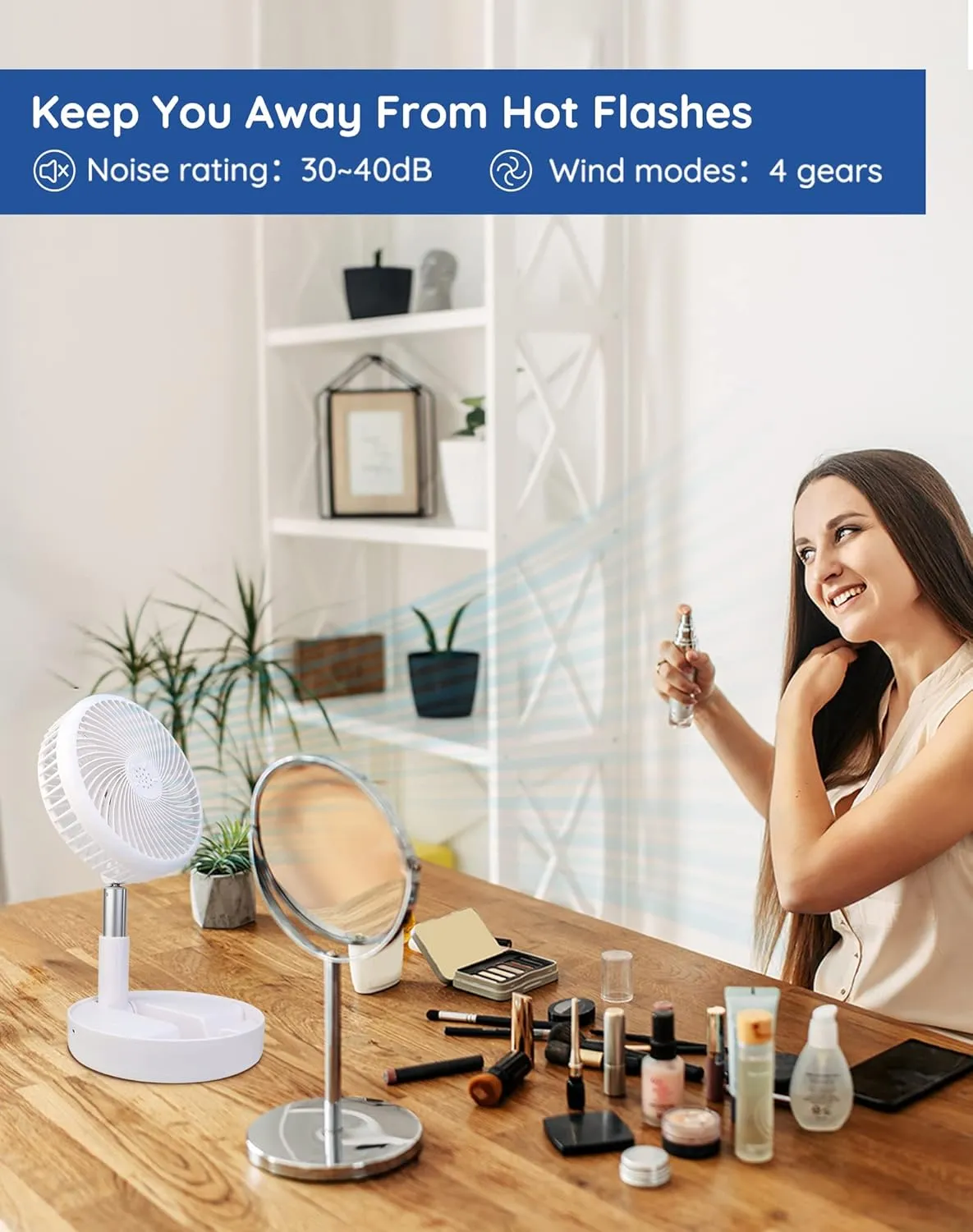 Primevolve Battery Operated Fan,Portable Rechargeable USB Floor Table Desk Fan with Adjustable Height, 4 Speed Settings Pedestal Fan for Bedroom Camping Travel,White 7.7"