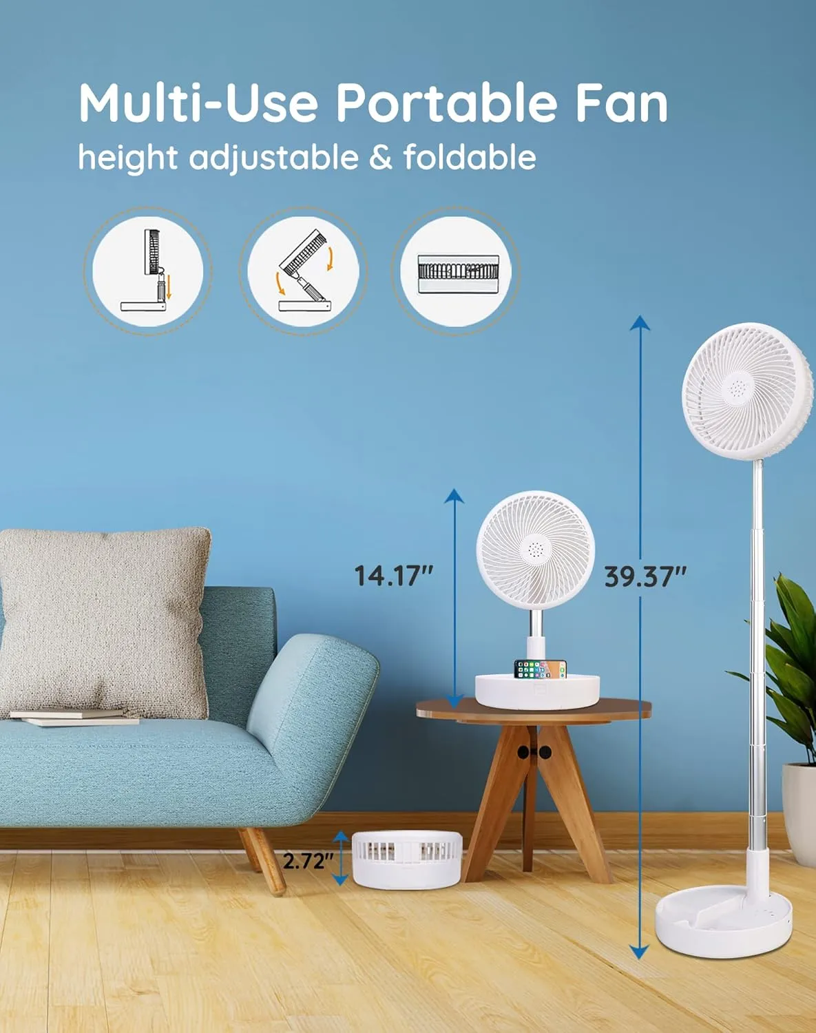 Primevolve Battery Operated Fan,Portable Rechargeable USB Floor Table Desk Fan with Adjustable Height, 4 Speed Settings Pedestal Fan for Bedroom Camping Travel,White 7.7"
