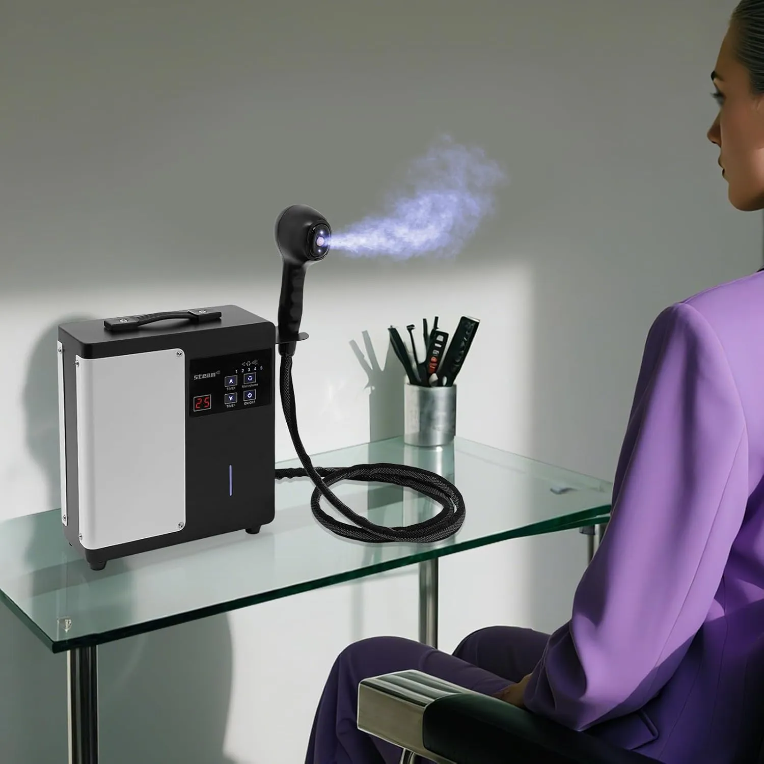 Professional Nano Hair Steamer with Digital Display, 5-Level Adjustable Mist Output (0.41-1.12oz/min) and 60 min Timer, Nano Mist Hair Steamer for Deep Conditioning, Scalp Treatment, Salon Grade 1250W