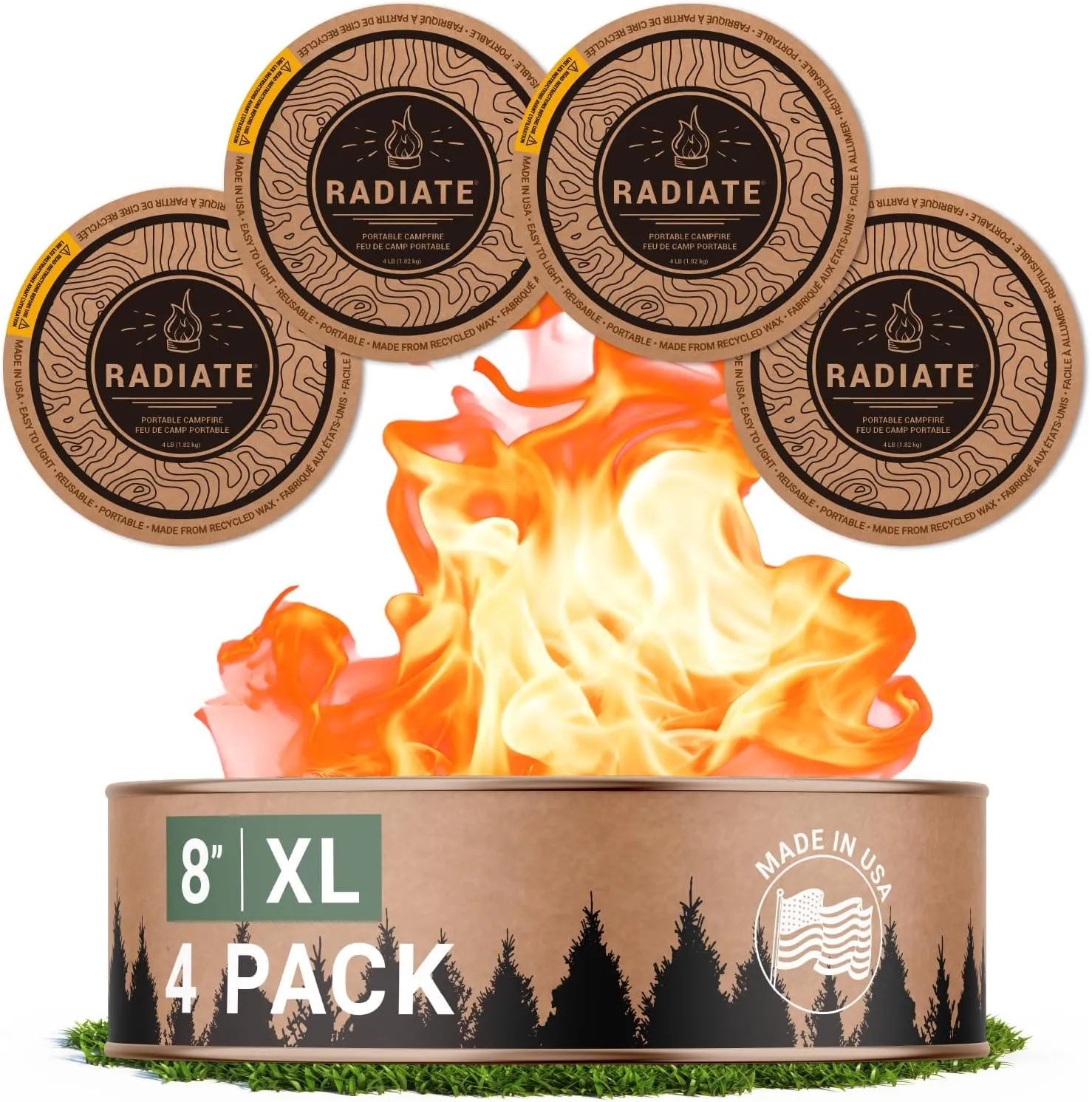 Radiate 4 Pack XL 8" Portable Campfire As Seen On Shark Tank - Up to 5 Hours of Burn Time, Reusable Travel Fire Pit for Camping, Patios and Beach Days - Great Alternative to a Real Fire - Made in USA