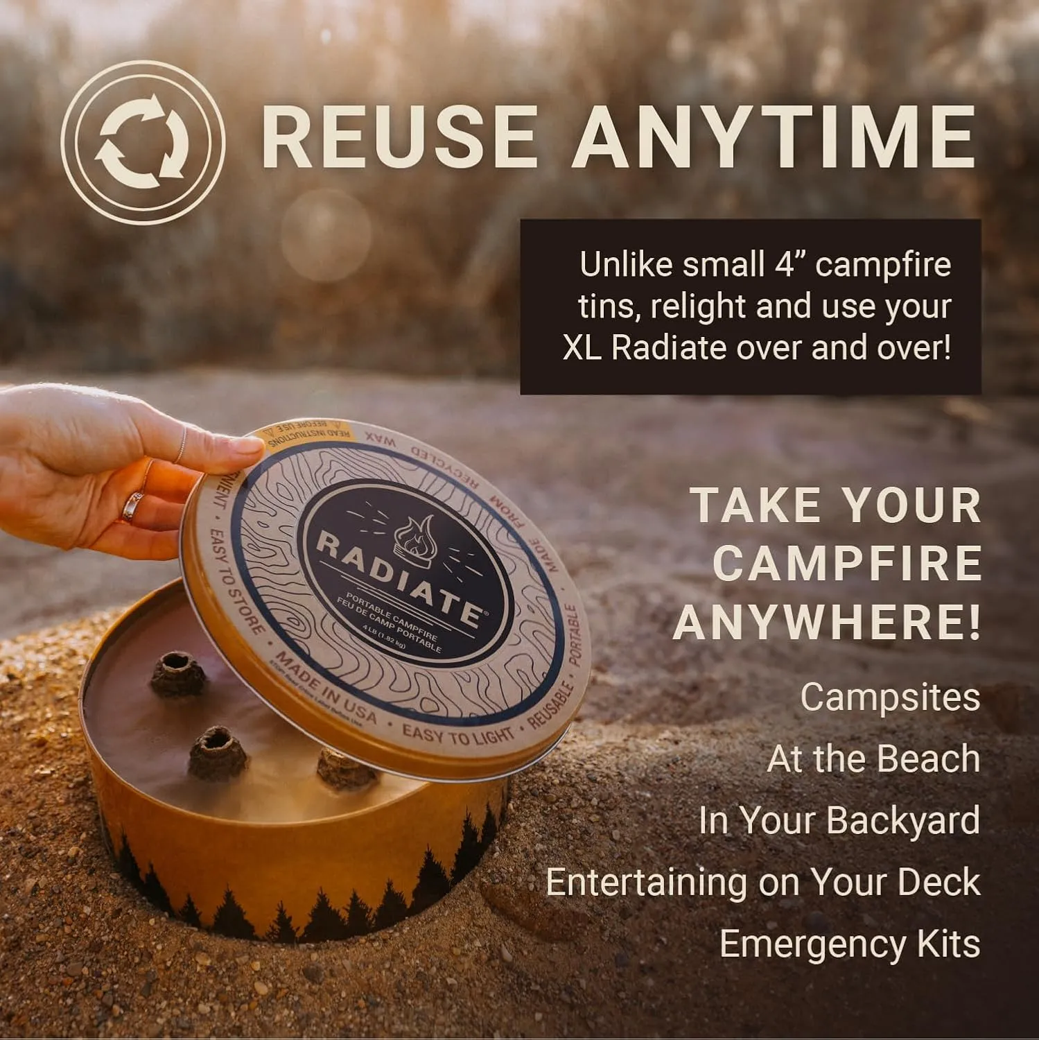 Radiate 4 Pack XL 8" Portable Campfire As Seen On Shark Tank - Up to 5 Hours of Burn Time, Reusable Travel Fire Pit for Camping, Patios and Beach Days - Great Alternative to a Real Fire - Made in USA