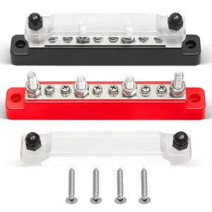 RED WOLF 150A 12V Bus Bar with Cover, 4 x 1/4" (M6) 6 x #8 (M4) Studs Power Distribution Terminal Block 48V DC Car Boat Marine Solar System (Black Red)