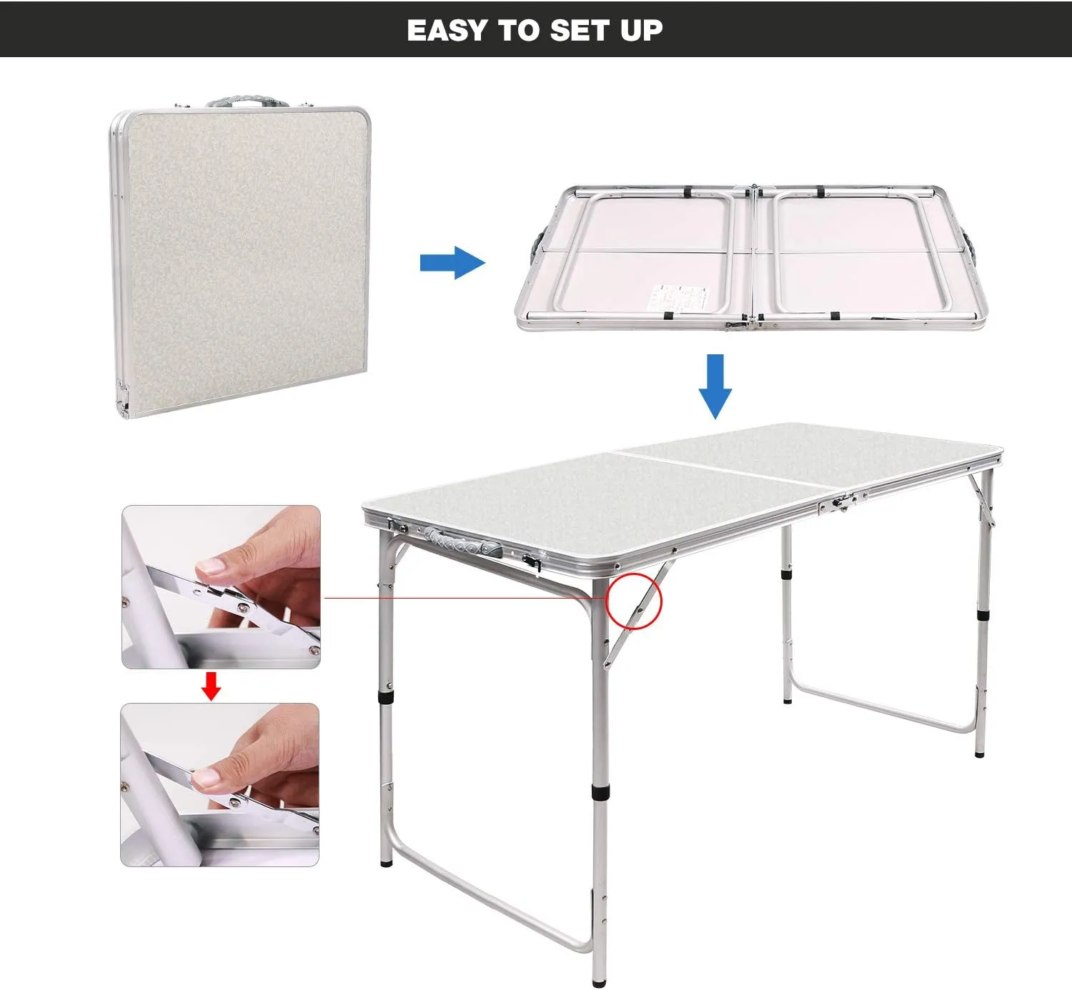 RedSwing 4 Feet Folding Camping Table Adjustable Height, Lightweight Portable Aluminum Frame Table for Picnic Beach Outdoor Indoor, 47.2''L x 23.6'' W x 22''/27'' H