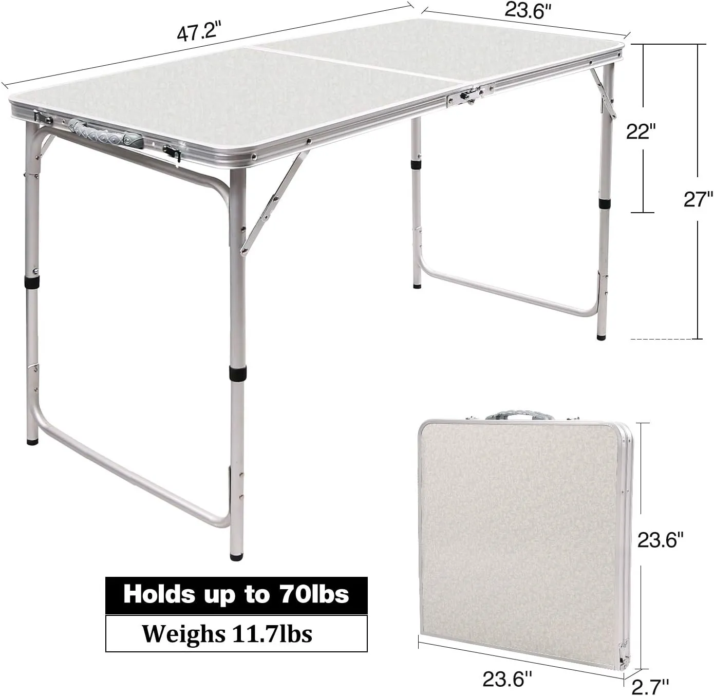 RedSwing 4 Feet Folding Camping Table Adjustable Height, Lightweight Portable Aluminum Frame Table for Picnic Beach Outdoor Indoor, 47.2''L x 23.6'' W x 22''/27'' H