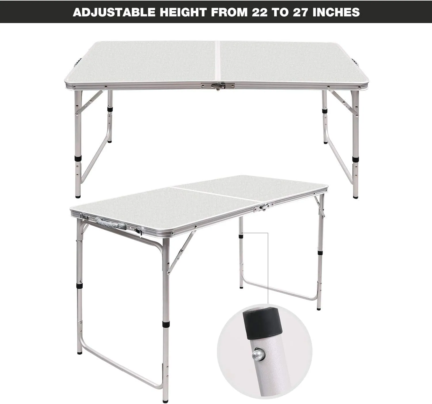 RedSwing 4 Feet Folding Camping Table Adjustable Height, Lightweight Portable Aluminum Frame Table for Picnic Beach Outdoor Indoor, 47.2''L x 23.6'' W x 22''/27'' H