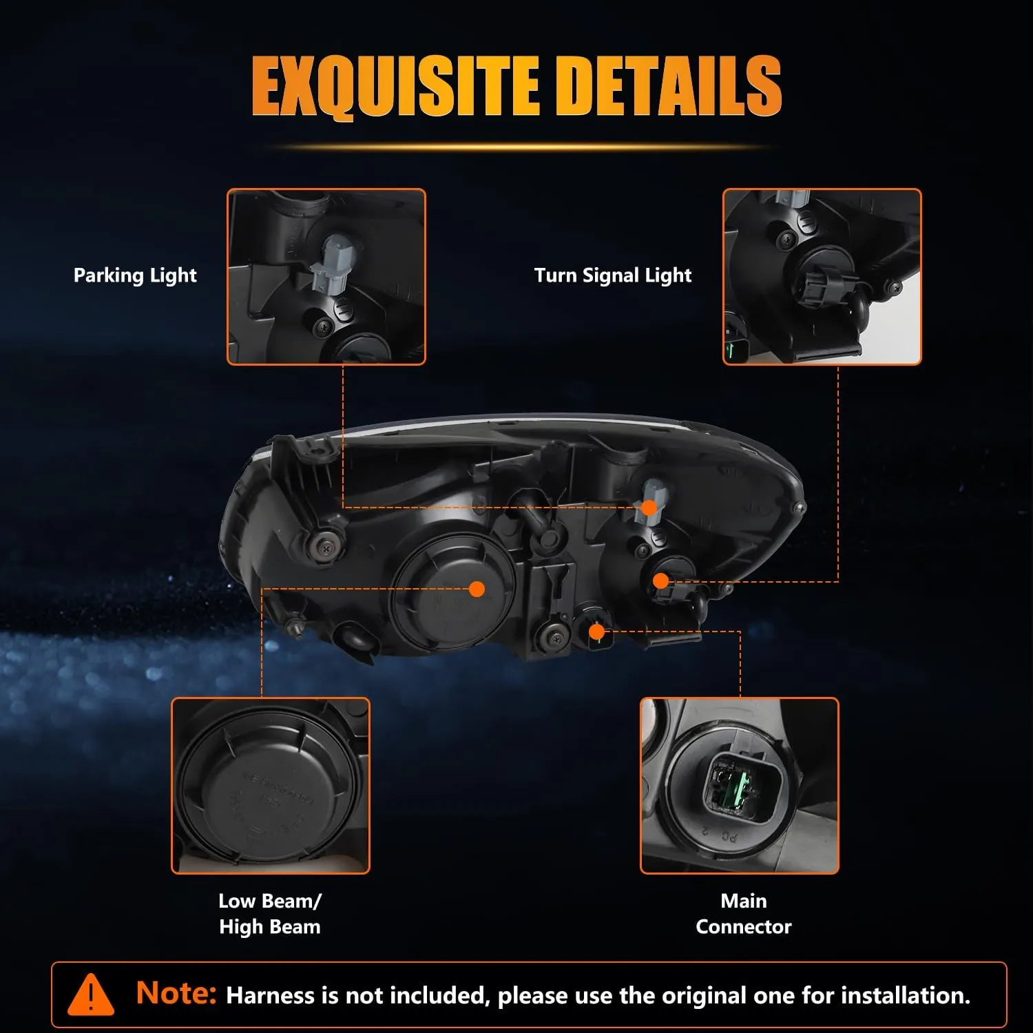 Right Headlight Assembly for 2007 2008 2009 Ki-a Spectra, Passenger Side Halogen Headlamp with Clear Lens Black Housing Amber Reflector, 1 PC, Replace# 921012F530