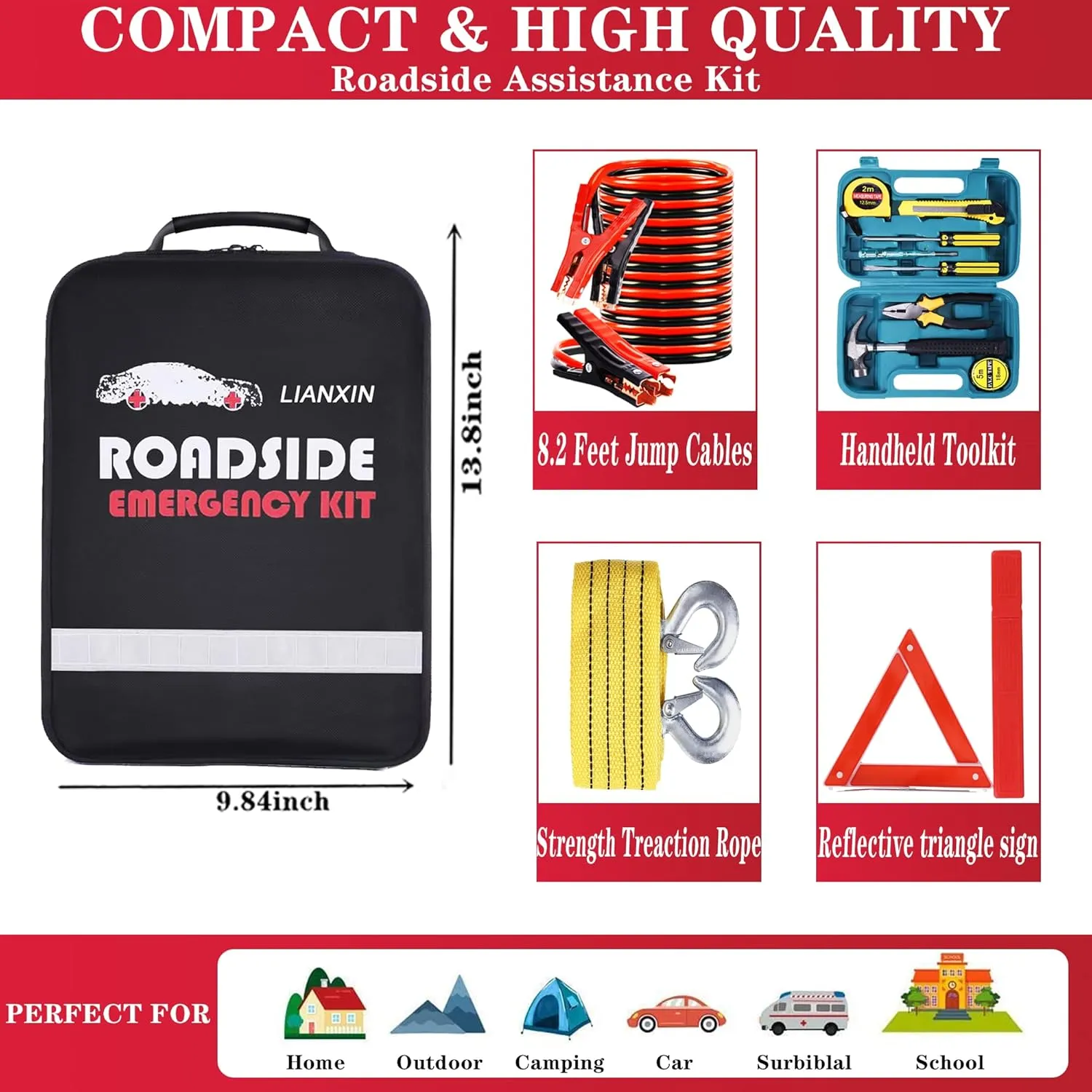 Roadside Emergency Car Kit-Safety Car Kit Car Emergency Kit with Jumper Cables Roadside Assistance Kit, Tow Rope, Safety Hammer, Reflective Warning Triangle,Car Tool Kit