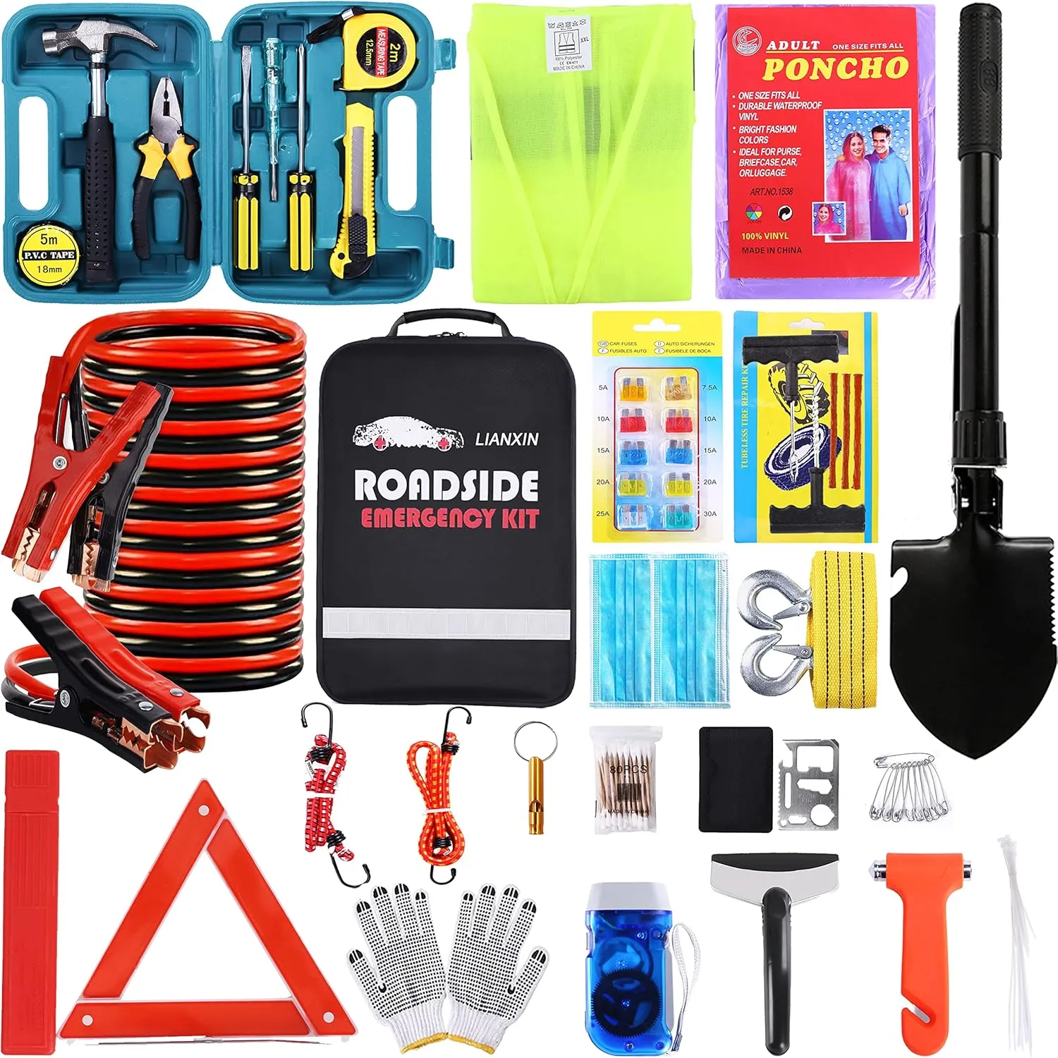 Roadside Emergency Car Kit-Safety Car Kit Car Emergency Kit with Jumper Cables Roadside Assistance Kit, Tow Rope, Safety Hammer, Reflective Warning Triangle,Car Tool Kit