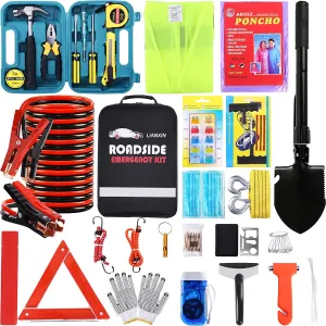 Roadside Emergency Car Kit-Safety Car Kit Car Emergency Kit with Jumper Cables Roadside Assistance Kit, Tow Rope, Safety Hammer, Reflective Warning Triangle,Car Tool Kit