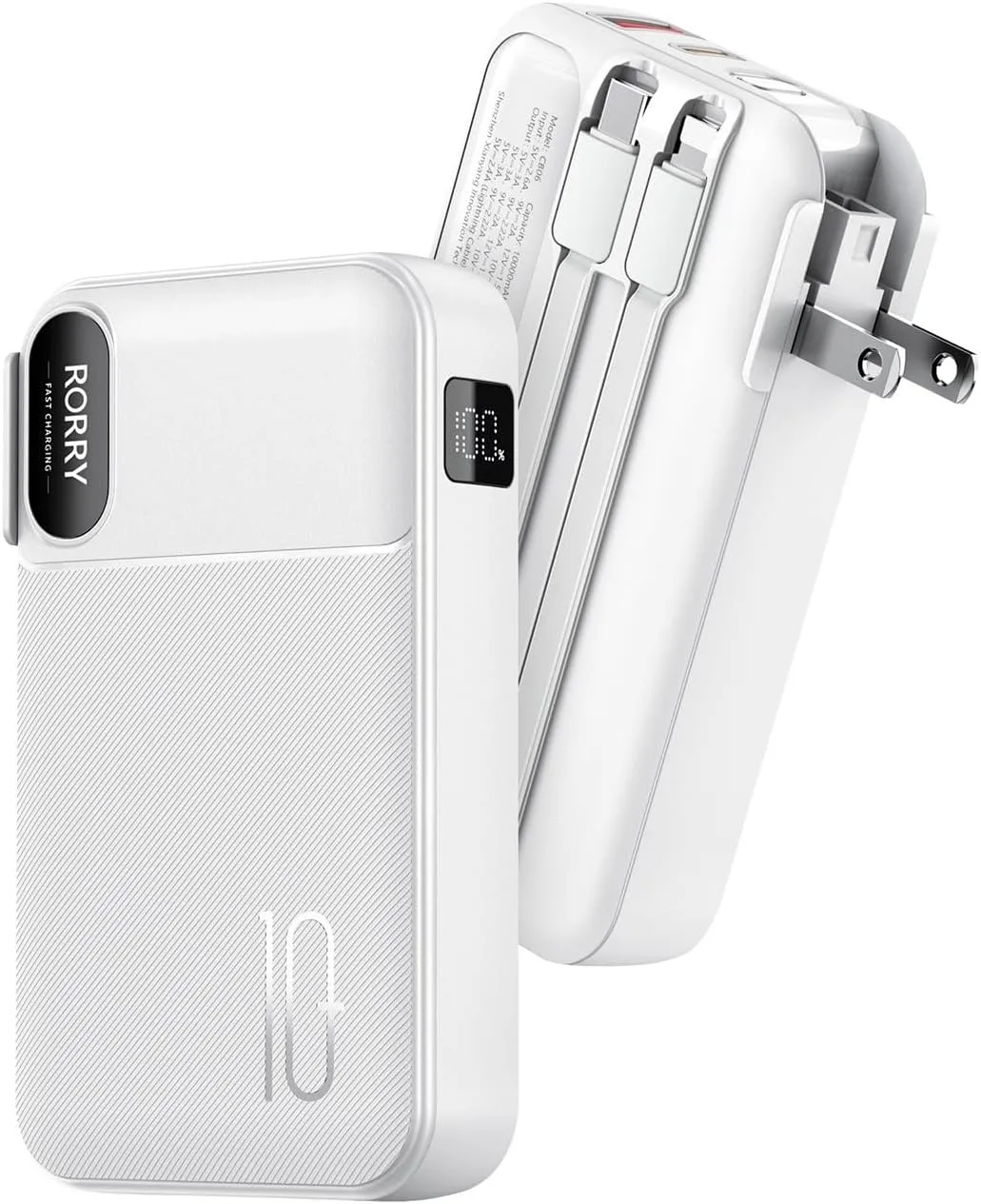 RORRY Portable Charger Built in Cables, AC Wall Plug In Portable Charger Power Bank 10000mAh Travel Battery Pack 22.5W Fast Charging for iPhone 16/15/14 Samsung Galaxy S24/S23/S22 Pixel LG iPad, White