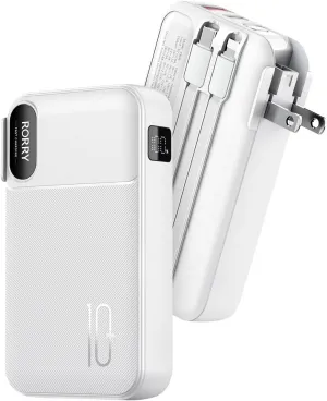 RORRY Portable Charger Built in Cables, AC Wall Plug In Portable Charger Power Bank 10000mAh Travel Battery Pack 22.5W Fast Charging for iPhone 16/15/14 Samsung Galaxy S24/S23/S22 Pixel LG iPad, White