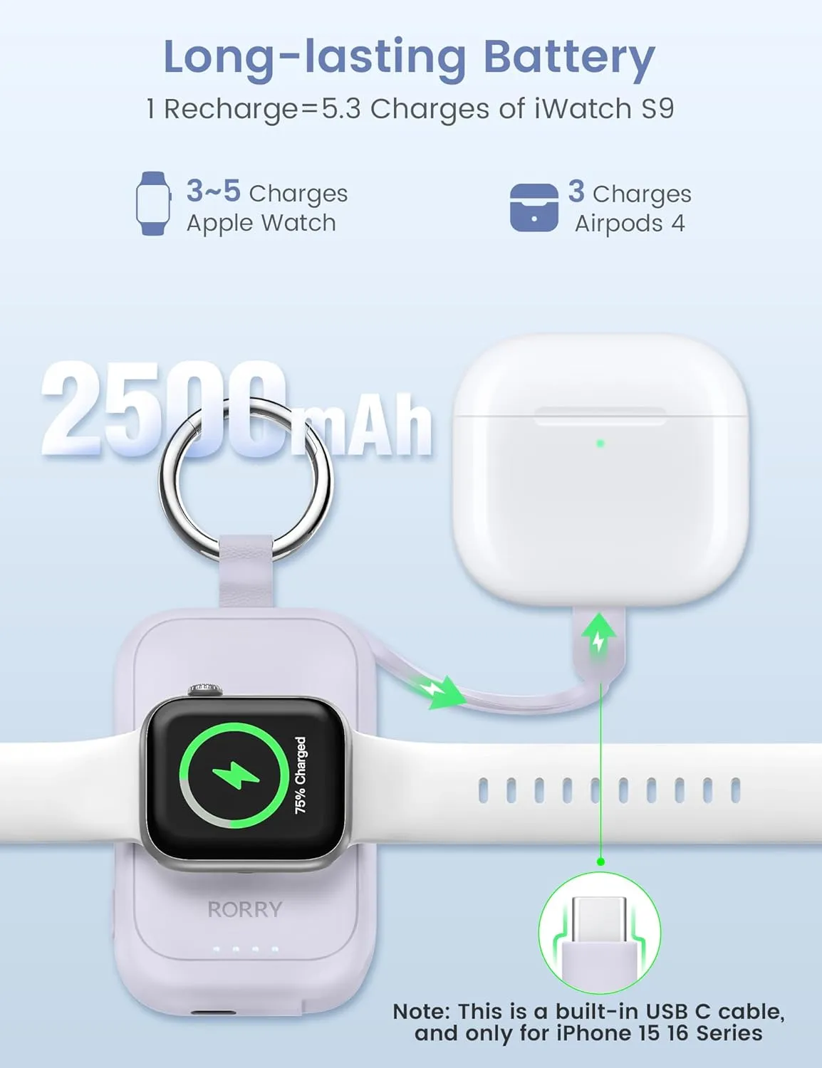 RORRY Portable Charger for Apple Watch, 2500mAh Fast Charging for iWatch Charger, Travel Essentials Gifts with Built-in USB C Cable for Apple Watch Series 10 9 8 7 6 5 Ultra 2 SE Accessories, Purple