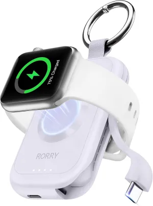 RORRY Portable Charger for Apple Watch, 2500mAh Fast Charging for iWatch Charger, Travel Essentials Gifts with Built-in USB C Cable for Apple Watch Series 10 9 8 7 6 5 Ultra 2 SE Accessories, Purple