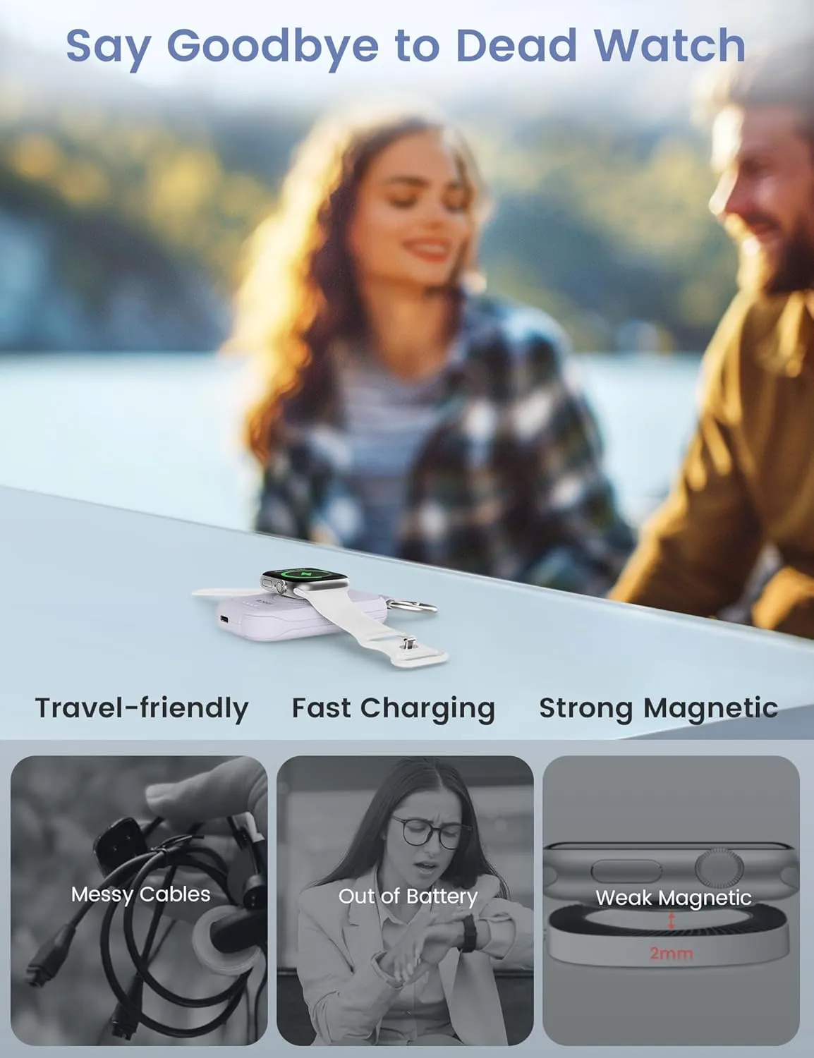 RORRY Portable Charger for Apple Watch, 2500mAh Fast Charging for iWatch Charger, Travel Essentials Gifts with Built-in USB C Cable for Apple Watch Series 10 9 8 7 6 5 Ultra 2 SE Accessories, Purple