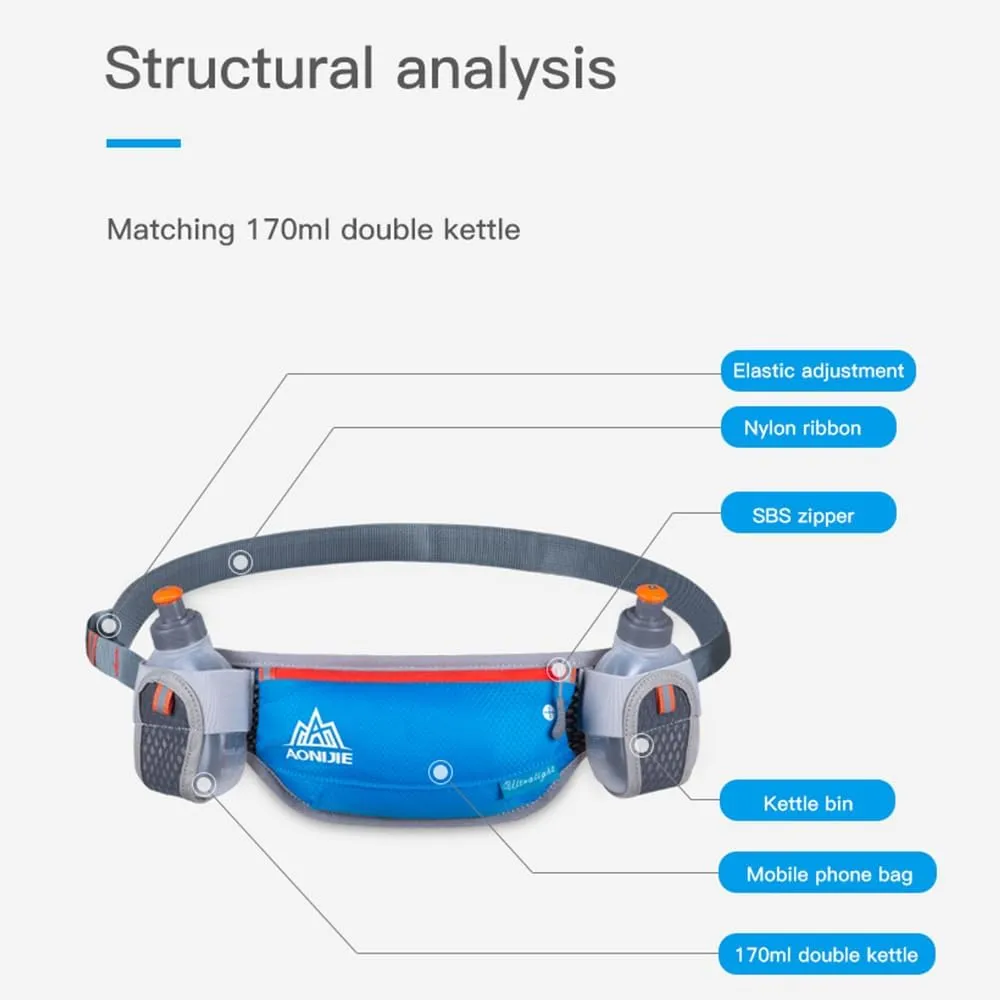 Running Belt Double kettle Design with 2 * 170ml Water Bottle Waist Pack for Cycling Running Hiking (blue)